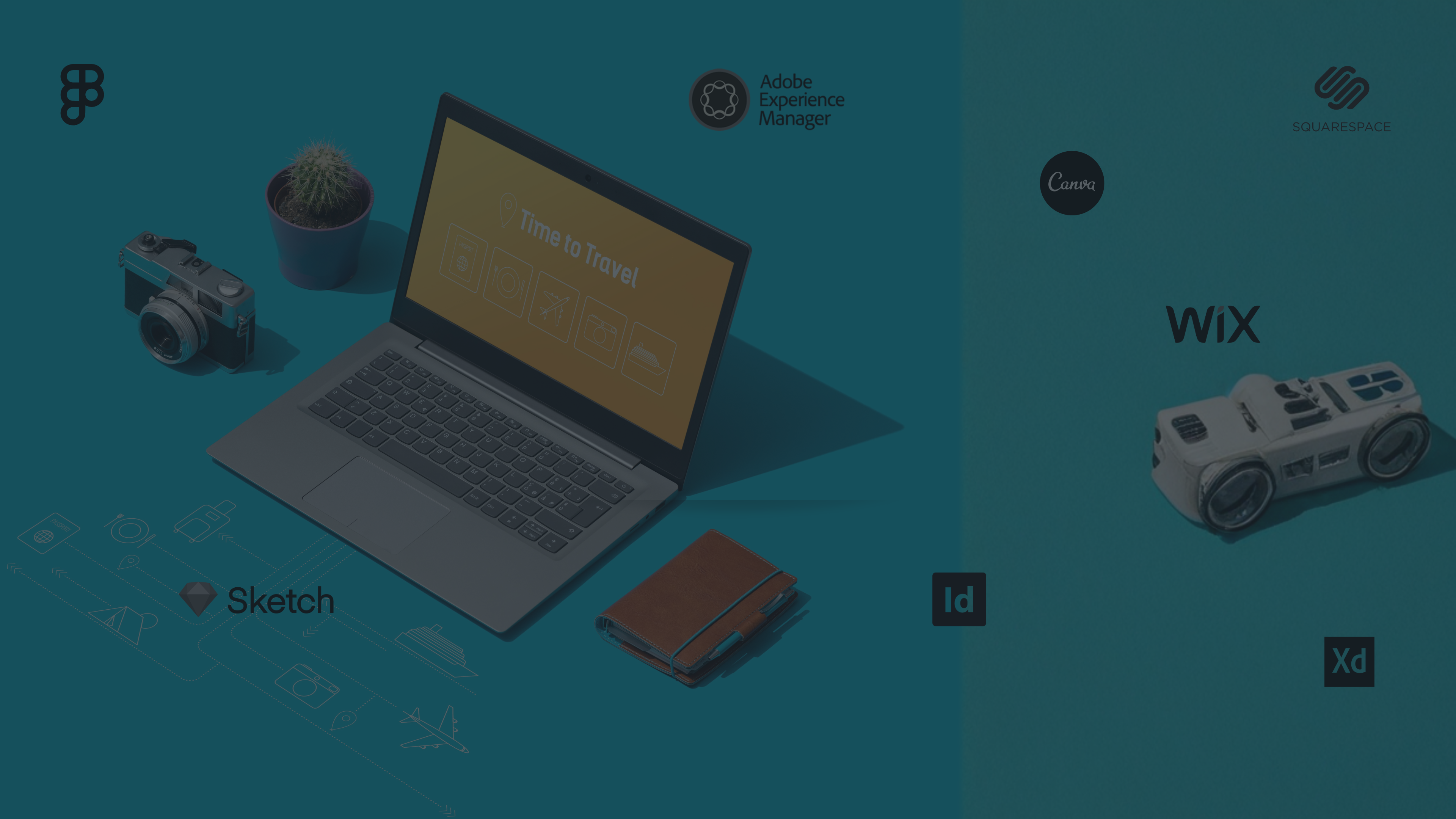 Desk landscape with many program logos floating around: Figma, AEM, Sketch, Canva, Adobe XD, Adobe Indesign, Squarespace, Wix. With alarm message.
